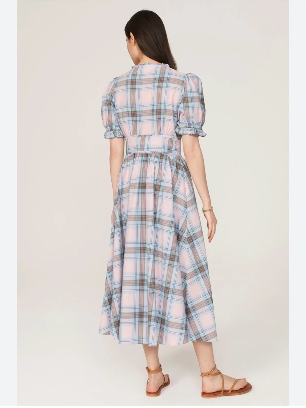 Plaid Puff-Sleeve Midi Dress in Pastel Pink and Blue hill house home - Picture 2 of 6
